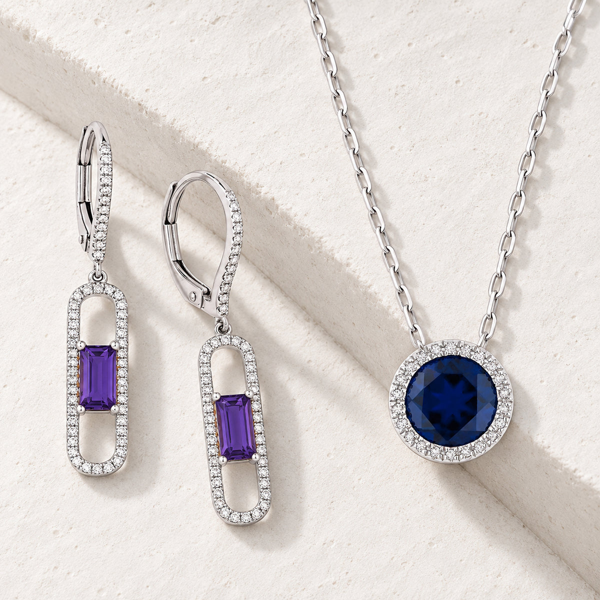 Madison L Eclectica amethyst earrings and sapphire pendant styled layflat